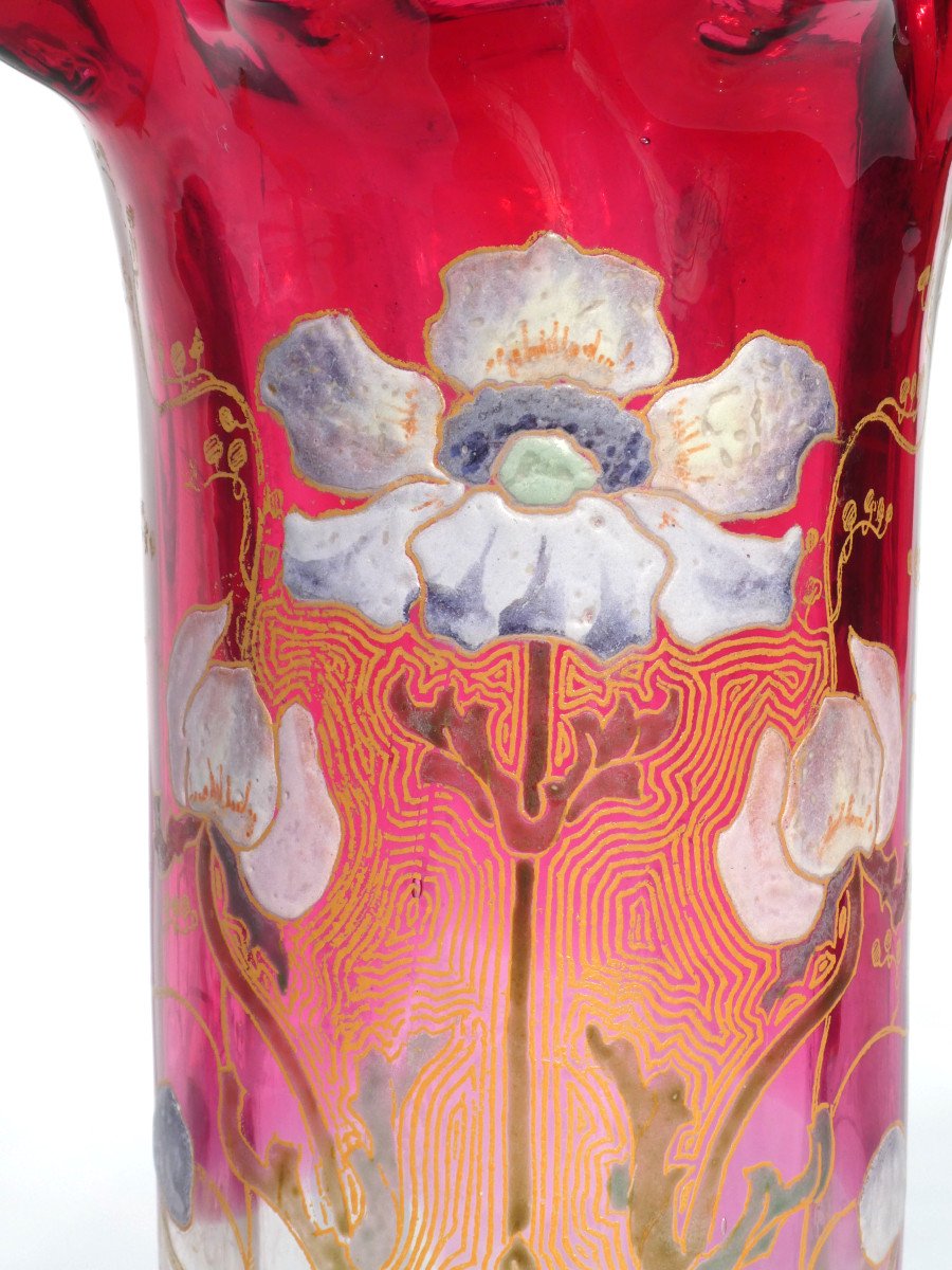 Grand Vase Lavalliere En Verre Emaillé De Theodore Legras , Anemones Art Nouveau XIXe Dorure-photo-2