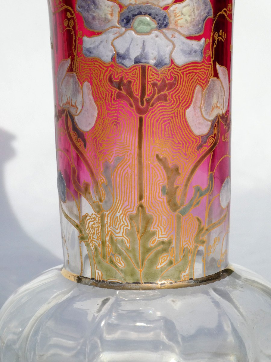 Grand Vase Lavalliere En Verre Emaillé De Theodore Legras , Anemones Art Nouveau XIXe Dorure-photo-3