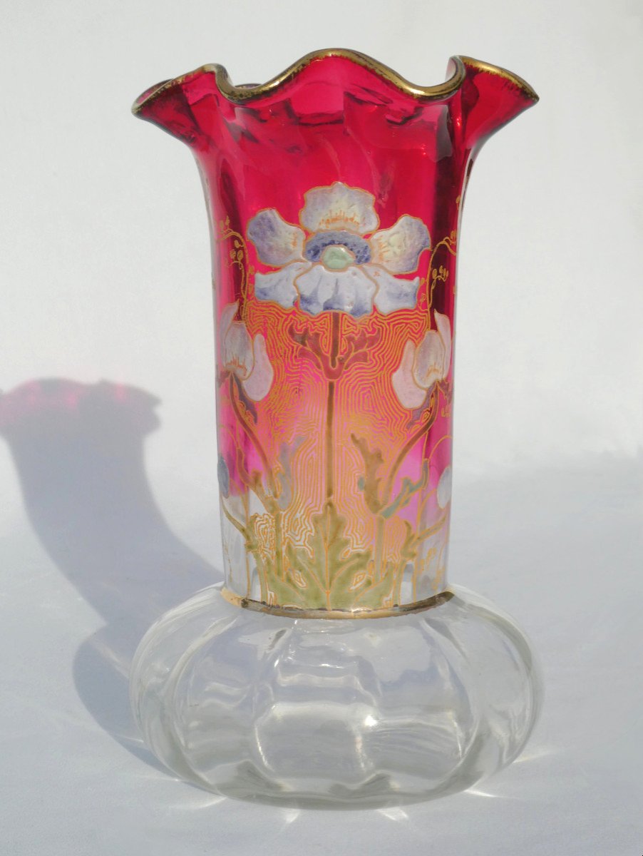 Grand Vase Lavalliere En Verre Emaillé De Theodore Legras , Anemones Art Nouveau XIXe Dorure
