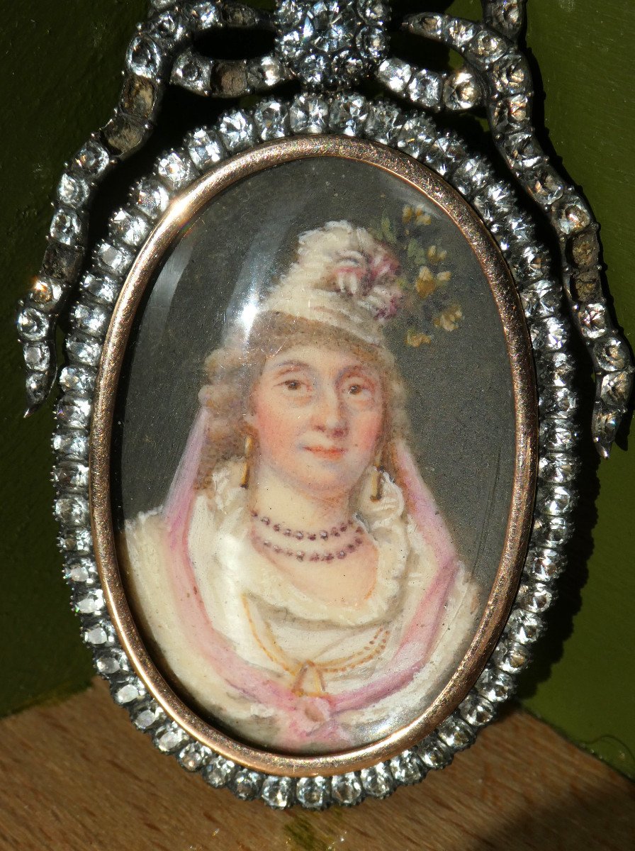 Medaillon articulé époque XVIIIe Siecle , Bijou En Or, Pierres Du Rhin & Miniature , Portrait De Marquise Directoire -photo-2