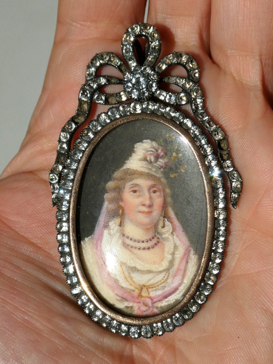 Medaillon articulé époque XVIIIe Siecle , Bijou En Or, Pierres Du Rhin & Miniature , Portrait De Marquise Directoire -photo-2