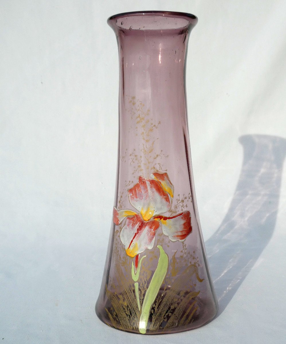 Large Baluster Vase In Legras Enameled Glass, Enameled Iris Decor, Art Nouveau Purple Background