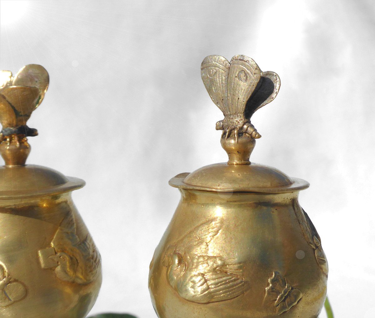 Pair Of Cassolettes In Gilt Bronze Covered Vases Circa 1880 Art Nouveau Butterfly Insect Nineteenth-photo-3