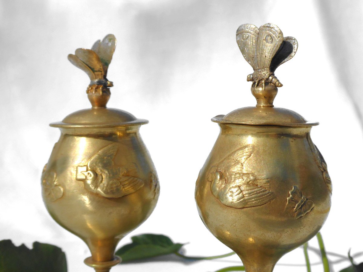 Pair Of Cassolettes In Gilt Bronze Covered Vases Circa 1880 Art Nouveau Butterfly Insect Nineteenth-photo-4