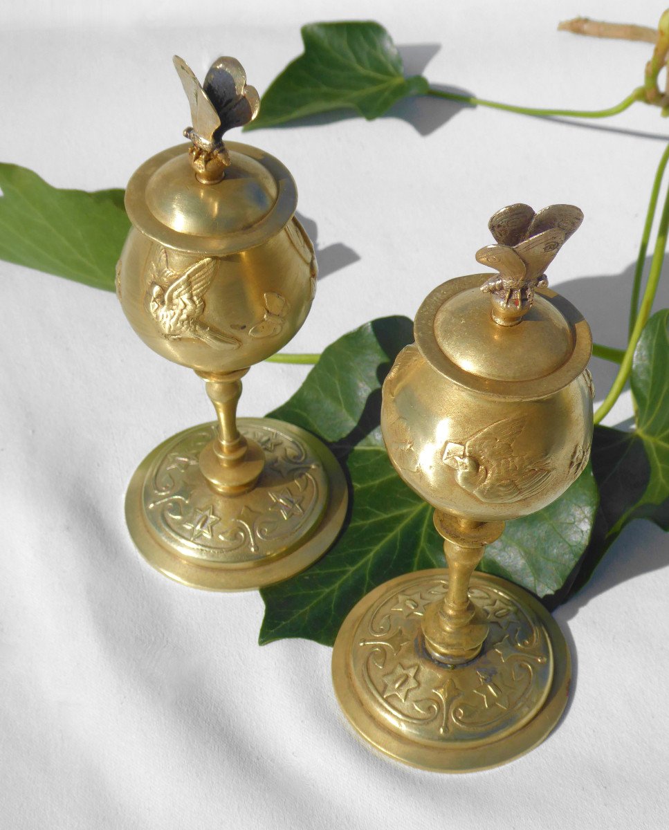 Pair Of Cassolettes In Gilt Bronze Covered Vases Circa 1880 Art Nouveau Butterfly Insect Nineteenth-photo-4