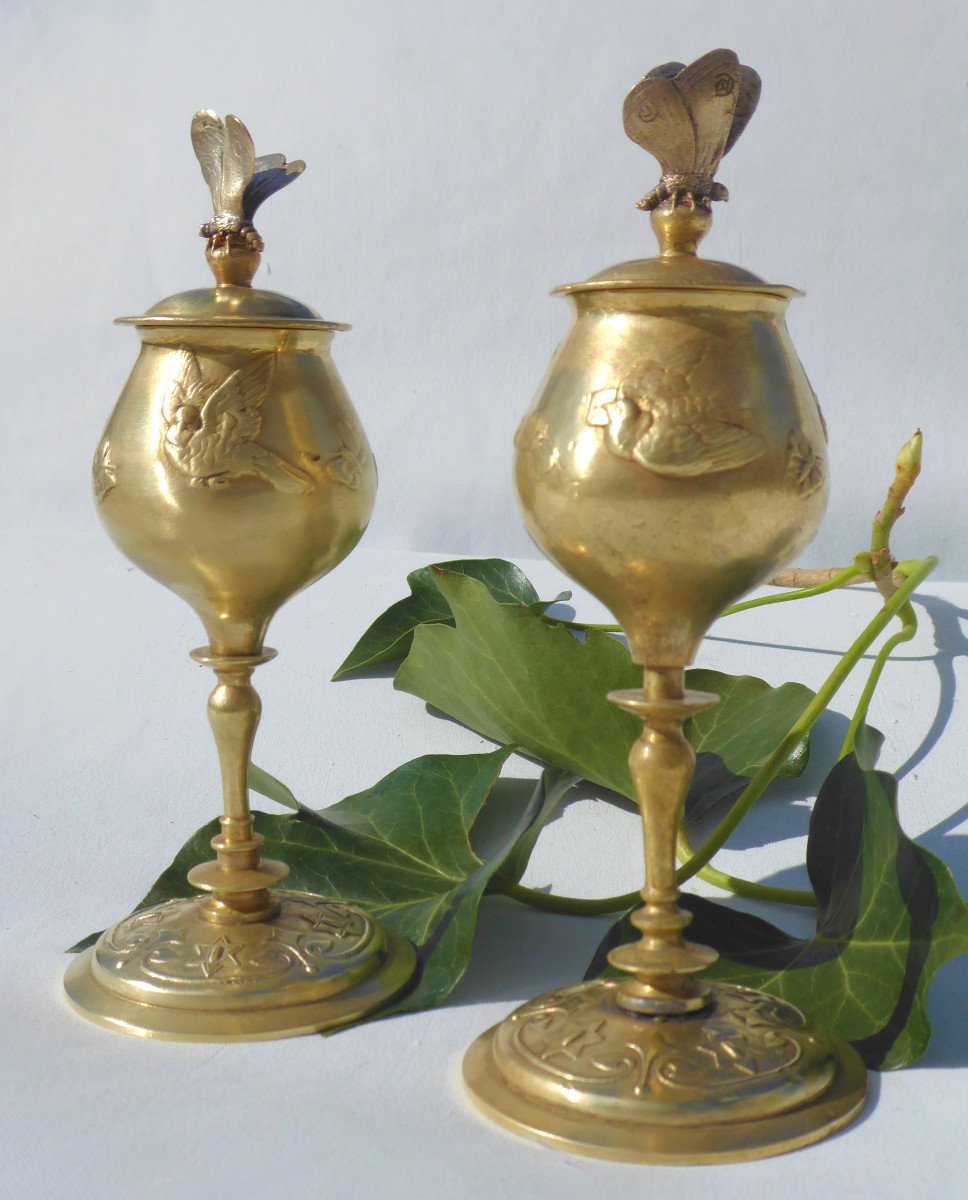 Pair Of Cassolettes In Gilt Bronze Covered Vases Circa 1880 Art Nouveau Butterfly Insect Nineteenth