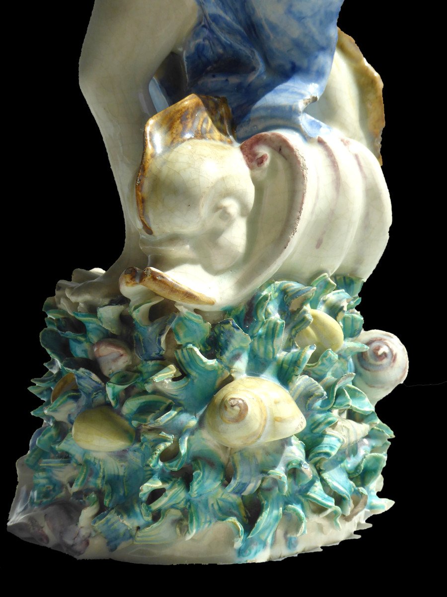 Grand Sujet Faience Craquelée XIXe Siecle Mythologie Neptune / Poseidon Style Renaissance Never-photo-2