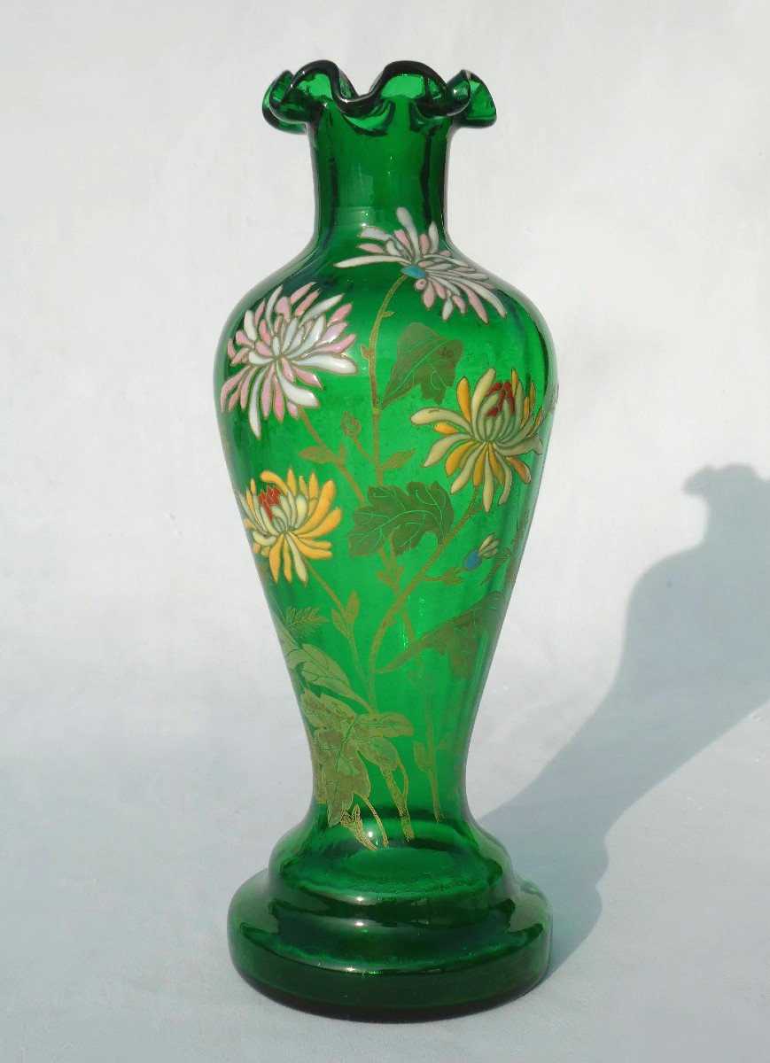 Vase En Verre Emaillé XIXe , Legras , Décor Tokyo , Japonisant , Style Art Nouveau 1900