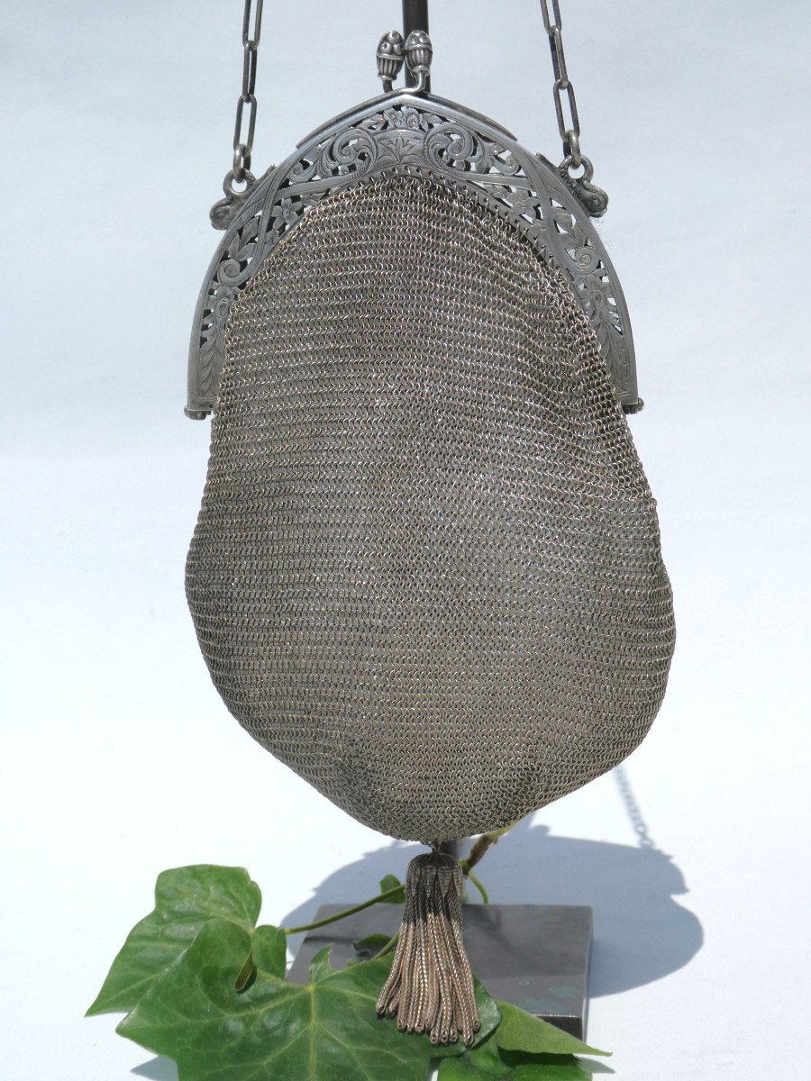 Reticule In Sterling Silver, 1900 Handbag In Cote De Maille, Art Nouveau 19th Century, Fashion Purse