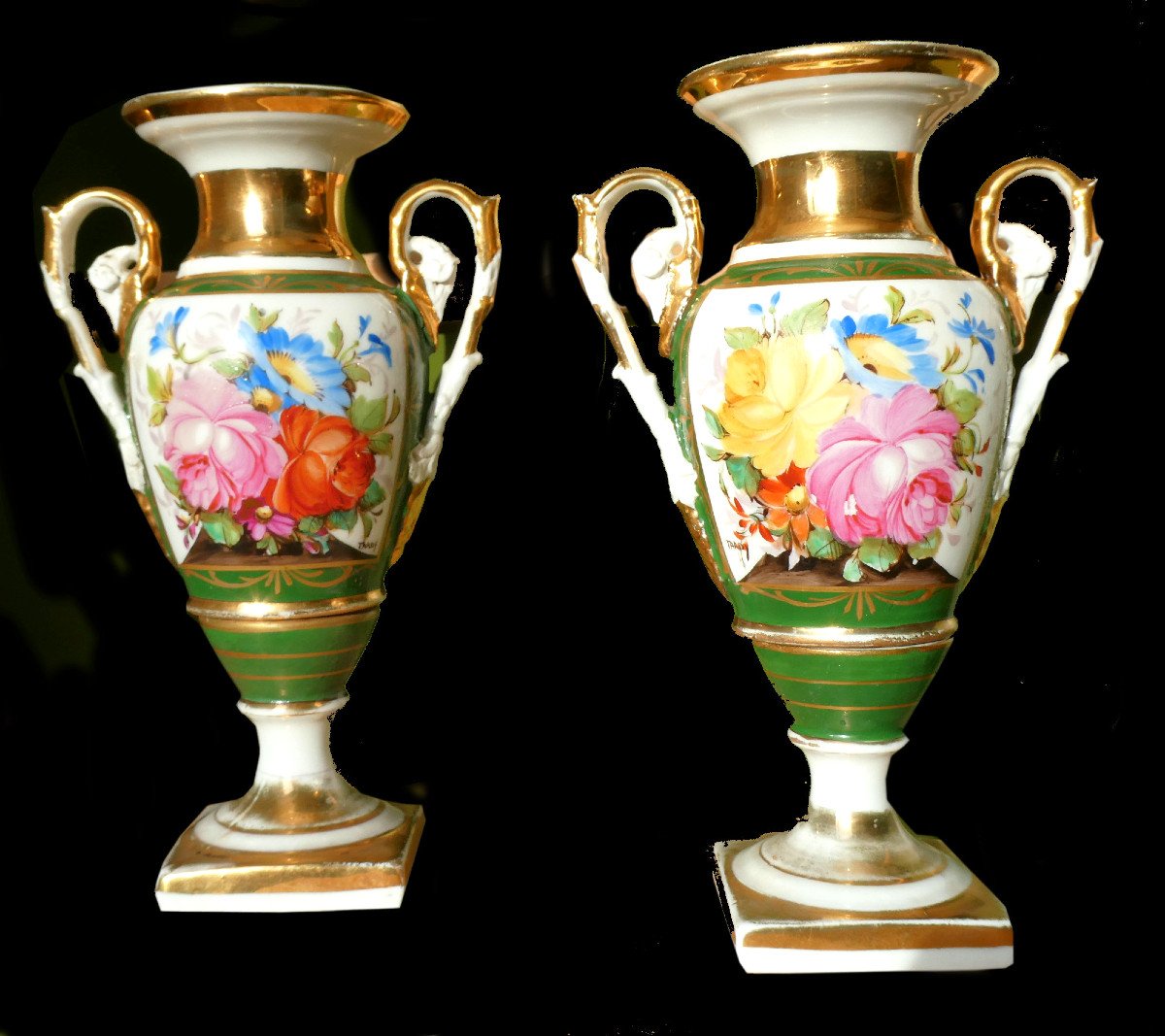 Pair Of Paris Porcelain Vases, Empire Style, Bouquet Of Flowers & Bee 19th Century-photo-5
