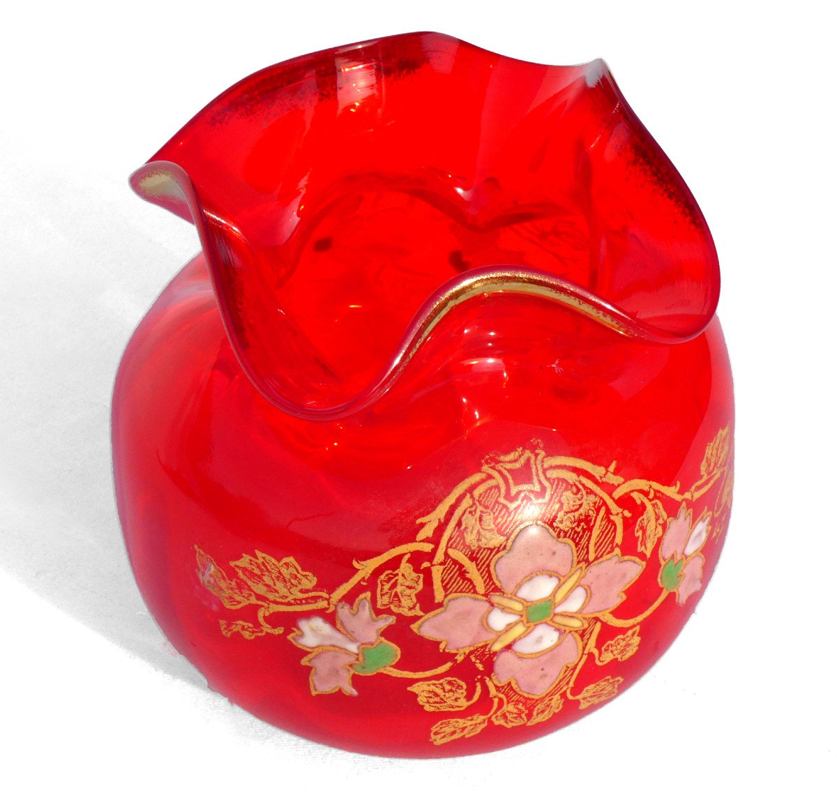 Vase Boule En Verre Emaillé , Modele Mérovée De Theodore Legras , Rouge Rubis XIXe Art Nouveau-photo-2
