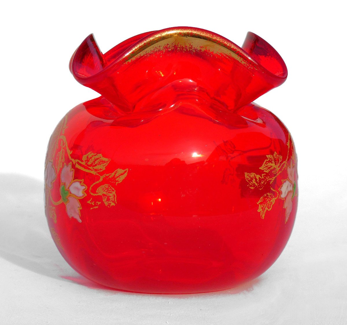 Vase Boule En Verre Emaillé , Modele Mérovée De Theodore Legras , Rouge Rubis XIXe Art Nouveau-photo-3