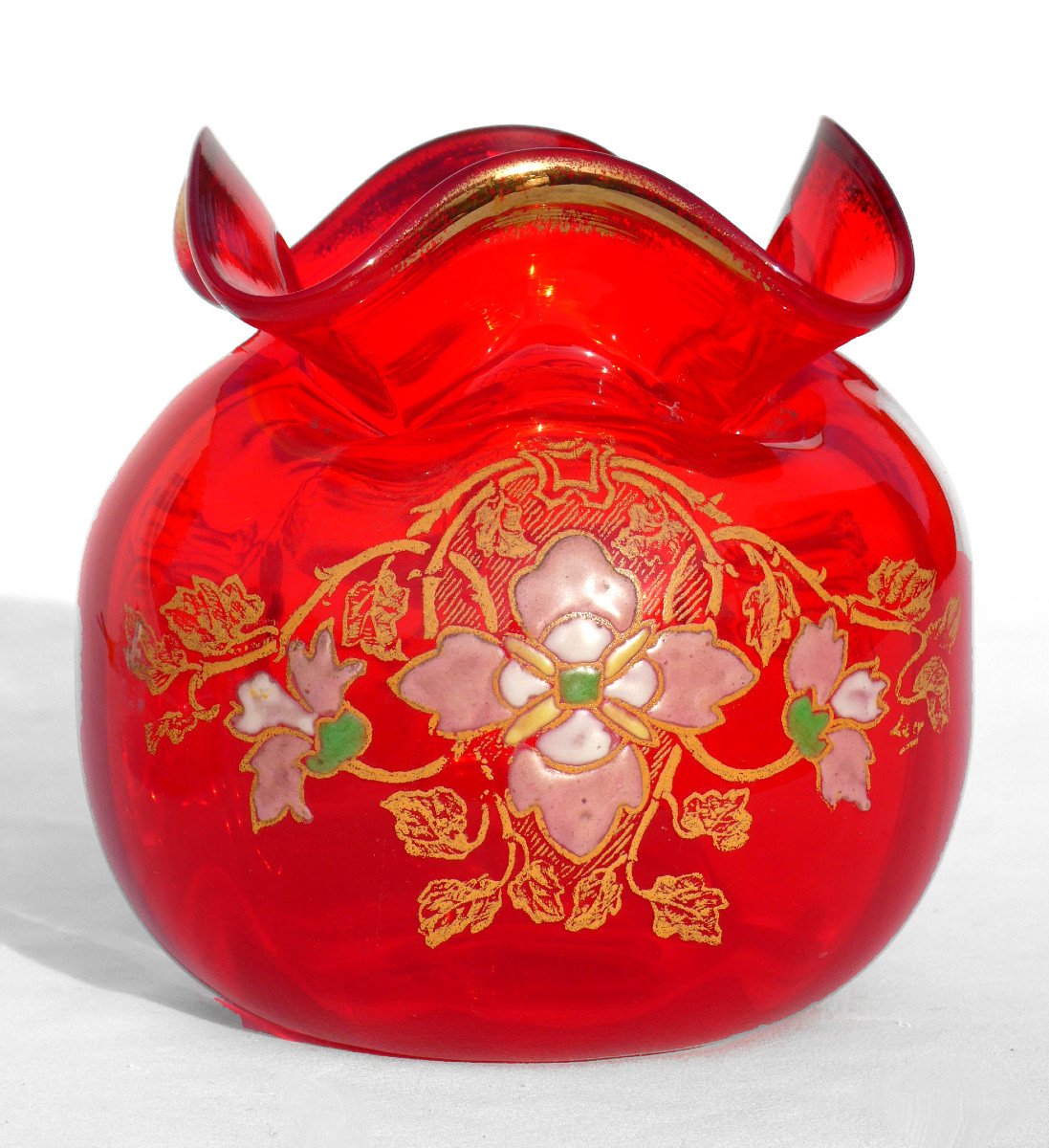 Vase Boule En Verre Emaillé , Modele Mérovée De Theodore Legras , Rouge Rubis XIXe Art Nouveau