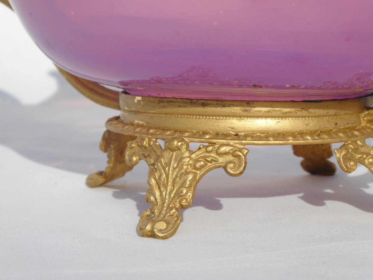Grande Coupe En Verre Opalescent De Couleur Rose , époque Napoléon III , Vide Poche bronze Doré , Clichy / Baccarat-photo-2