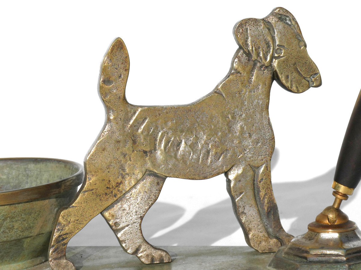 Empty Pocket In Patinated Bronze, Fox Terrier Period 1920, Signed Albert Marionnet, Pen Holder-photo-3