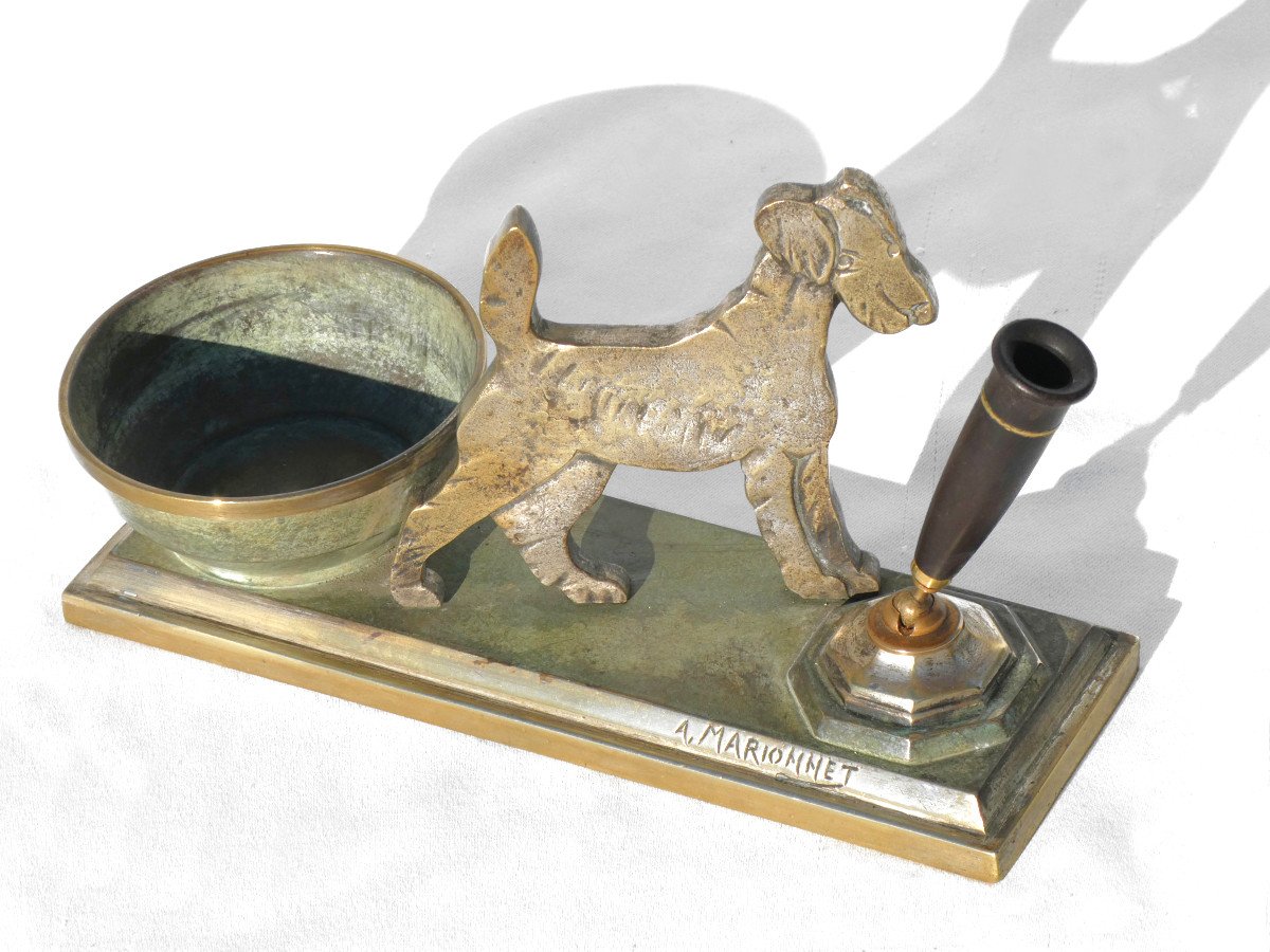 Empty Pocket In Patinated Bronze, Fox Terrier Period 1920, Signed Albert Marionnet, Pen Holder-photo-1
