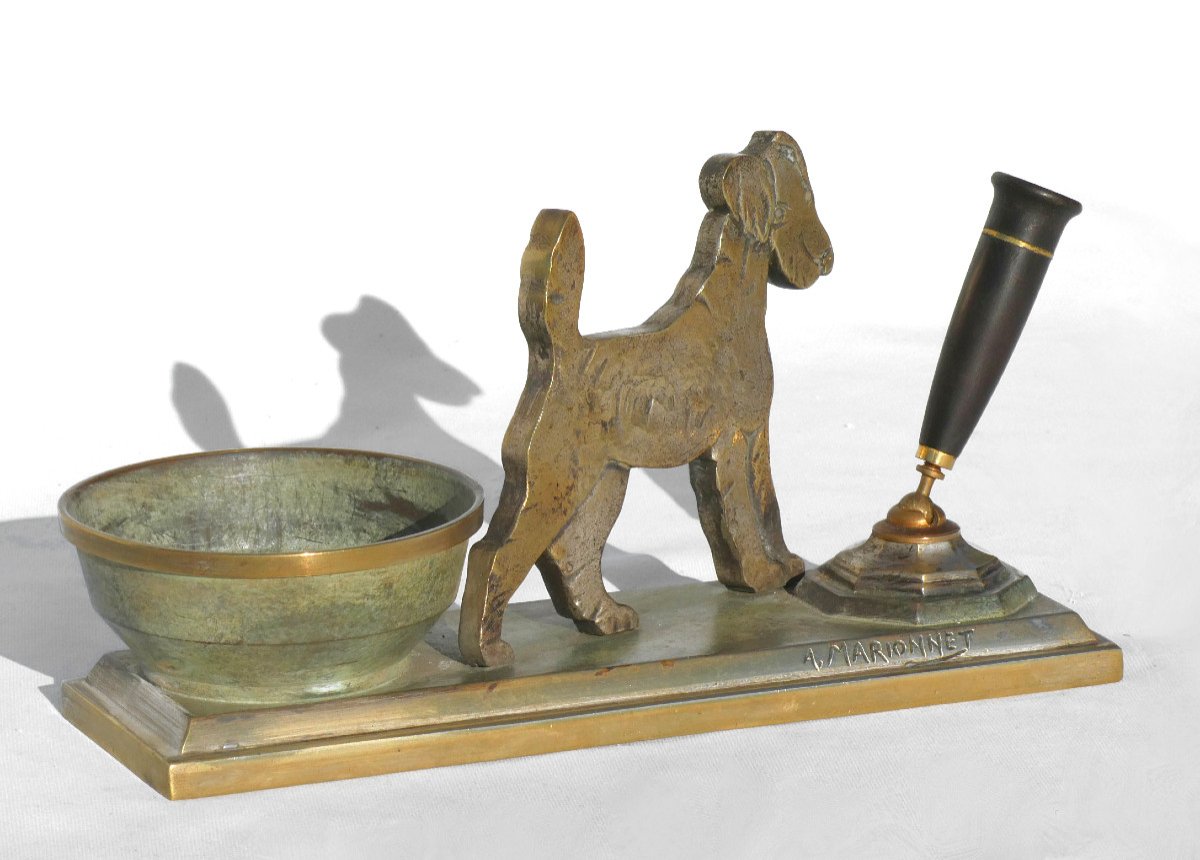 Empty Pocket In Patinated Bronze, Fox Terrier Period 1920, Signed Albert Marionnet, Pen Holder-photo-2