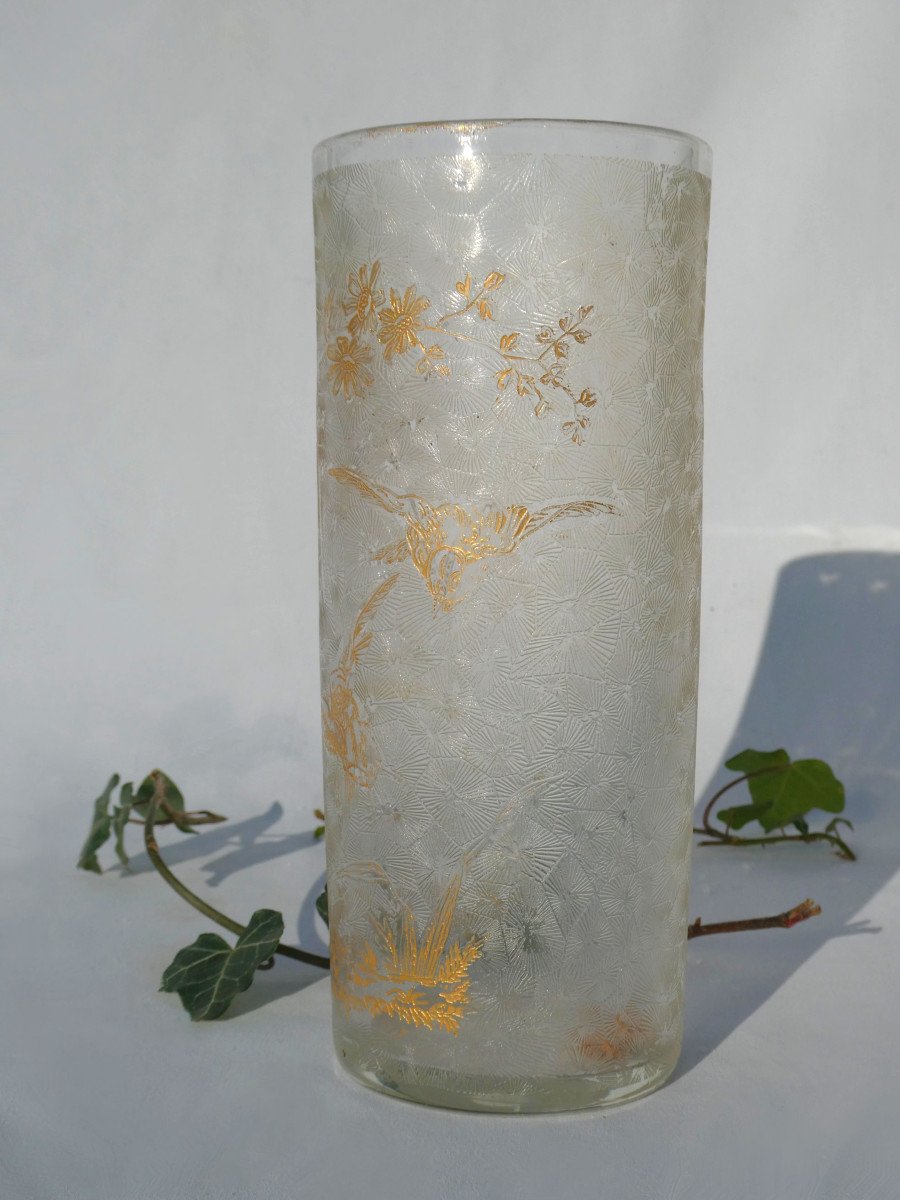 Vase Rouleau En Cristal De Saint Louis , Décor Degagé à l'Acide , Oiseau / Mésange XIXe -photo-3