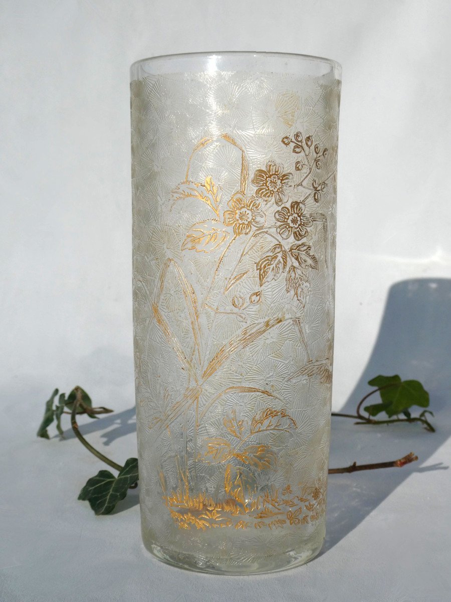 Vase Rouleau En Cristal De Saint Louis , Décor Degagé à l'Acide , Oiseau / Mésange XIXe -photo-4