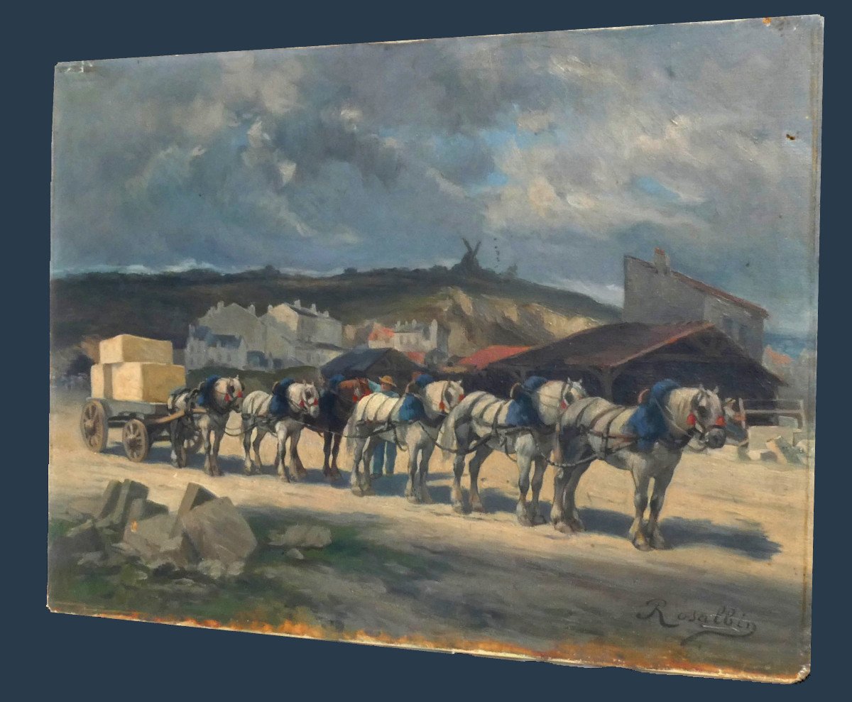 Oil On Canvas Signed Rosalbin De Buncey, Horses In A Boulonnais Quarry, Cliffs -photo-2