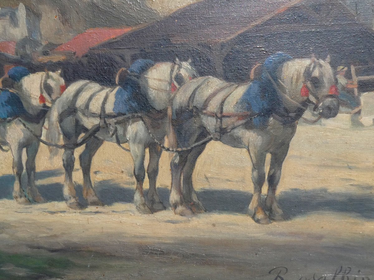 Oil On Canvas Signed Rosalbin De Buncey, Horses In A Boulonnais Quarry, Cliffs -photo-3