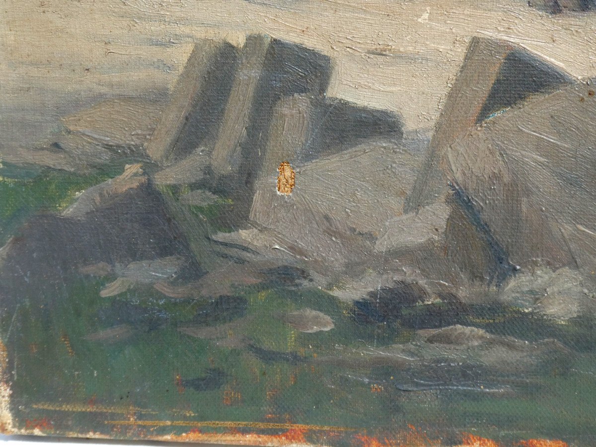 Oil On Canvas Signed Rosalbin De Buncey, Horses In A Boulonnais Quarry, Cliffs -photo-4