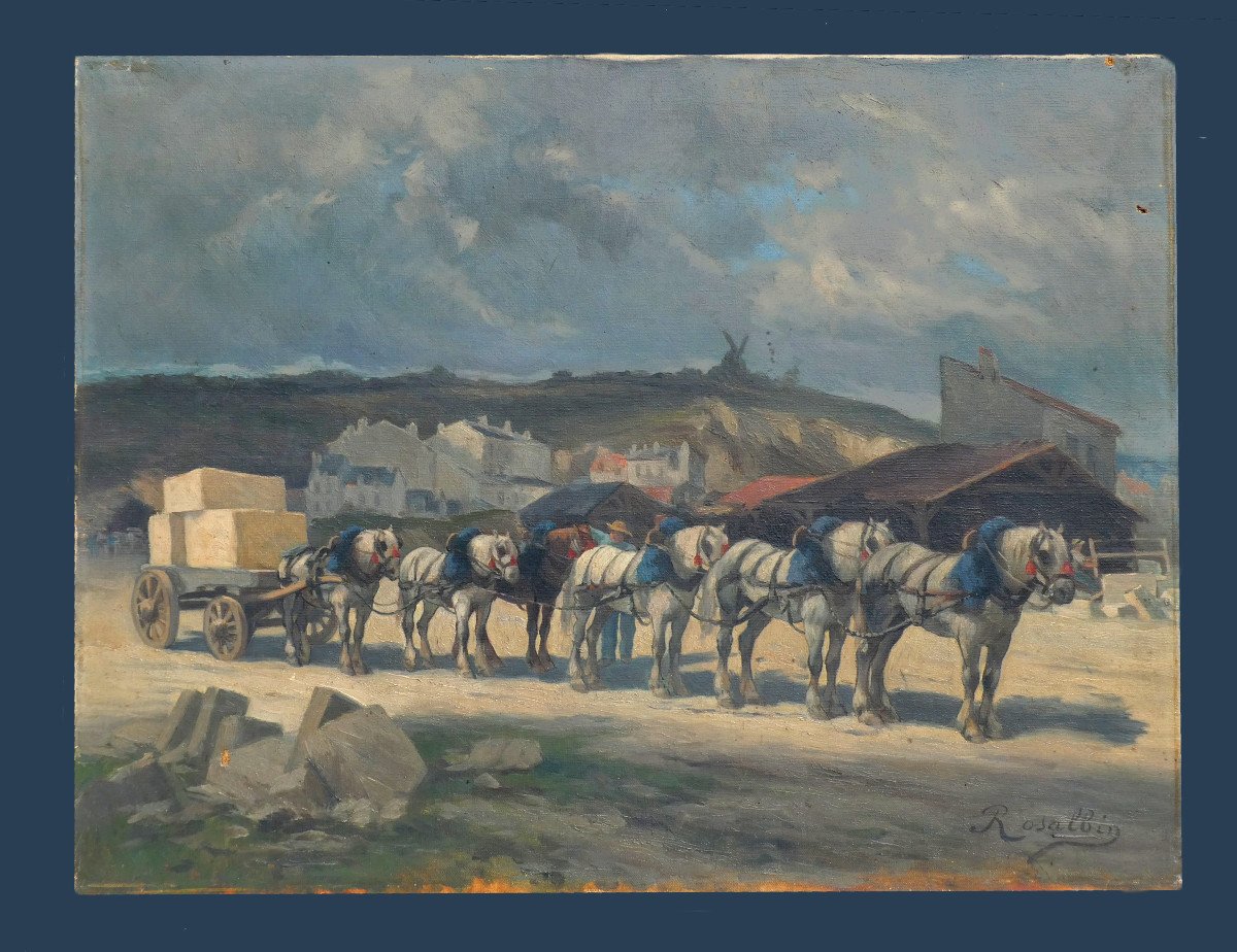 Oil On Canvas Signed Rosalbin De Buncey, Horses In A Boulonnais Quarry, Cliffs 