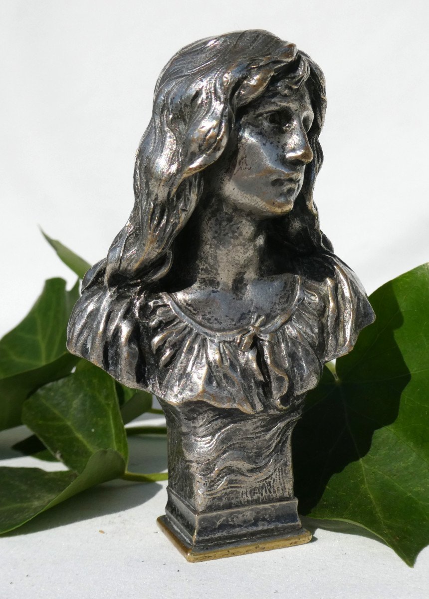 Sceau à Cacheter En Bronze Argenté , Jeune Femme Art Nouveau Signé Paul Mengin , Tampon à Cire-photo-2