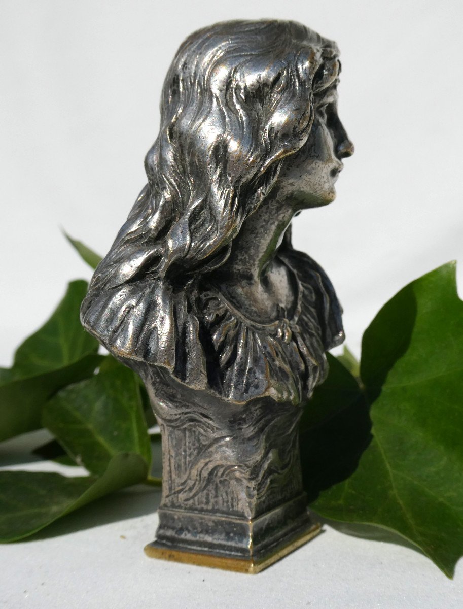 Sceau à Cacheter En Bronze Argenté , Jeune Femme Art Nouveau Signé Paul Mengin , Tampon à Cire-photo-3