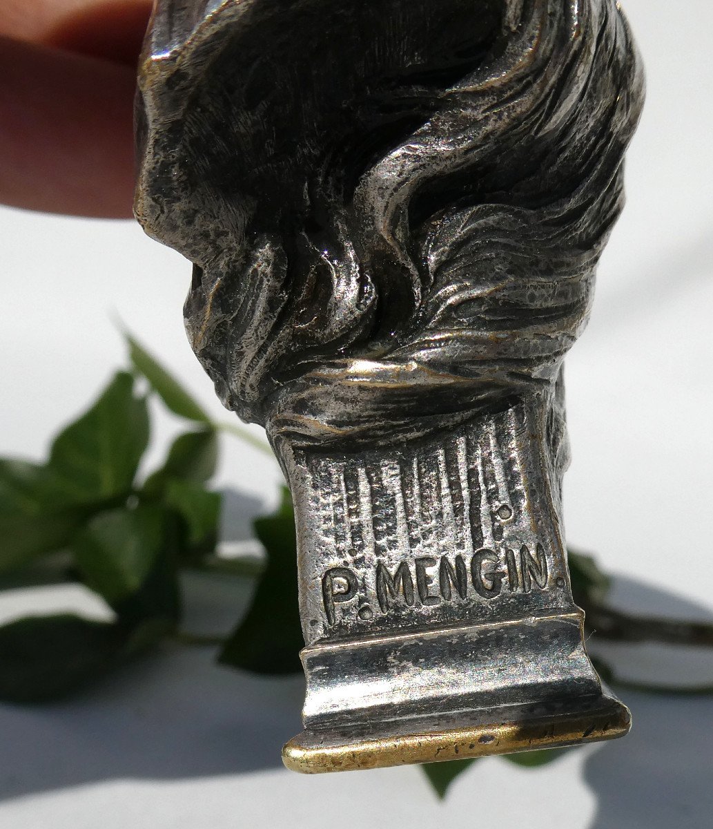 Sceau à Cacheter En Bronze Argenté , Jeune Femme Art Nouveau Signé Paul Mengin , Tampon à Cire-photo-4