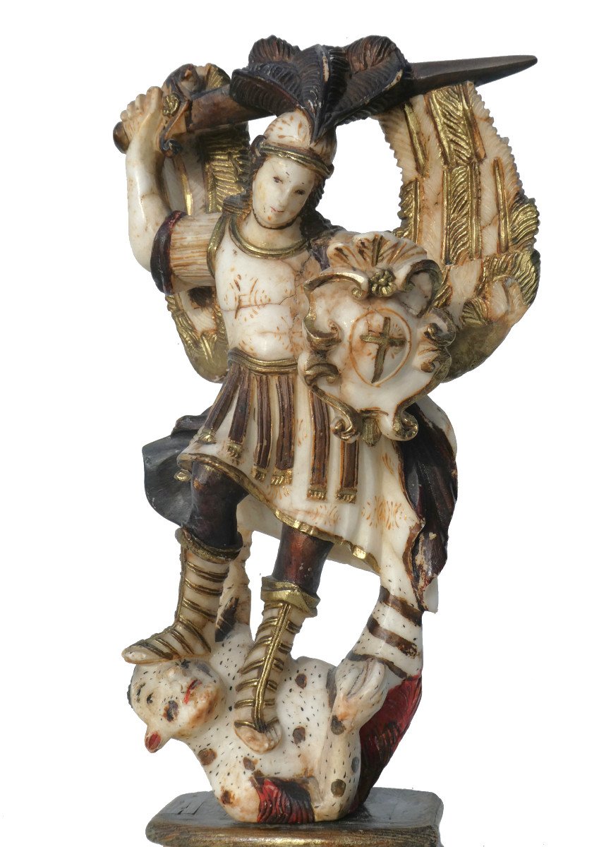 Sculpture En Albatre Polychrome , Saint Michel Terrassant Le Dragon , XVIIe Siecle , Italie-photo-2