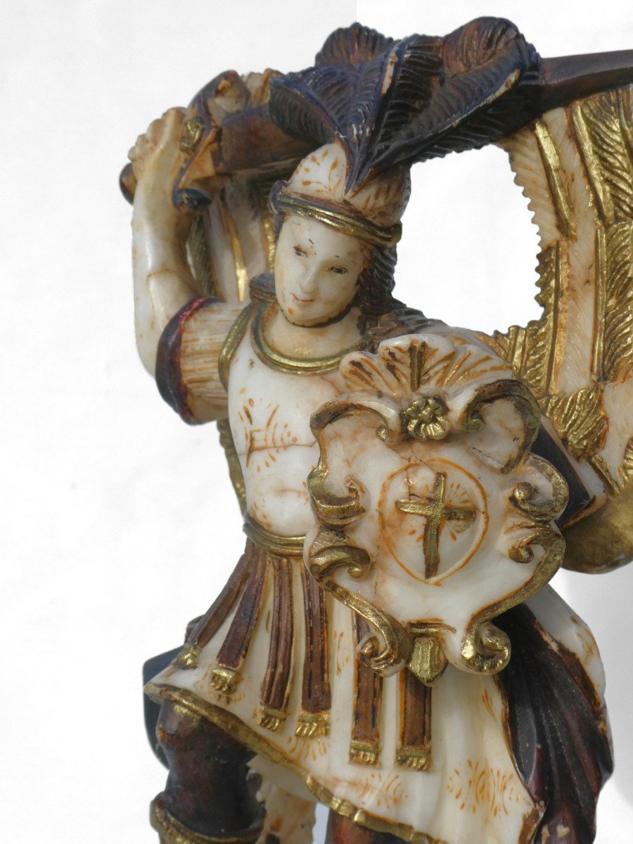 Sculpture En Albatre Polychrome , Saint Michel Terrassant Le Dragon , XVIIe Siecle , Italie-photo-4