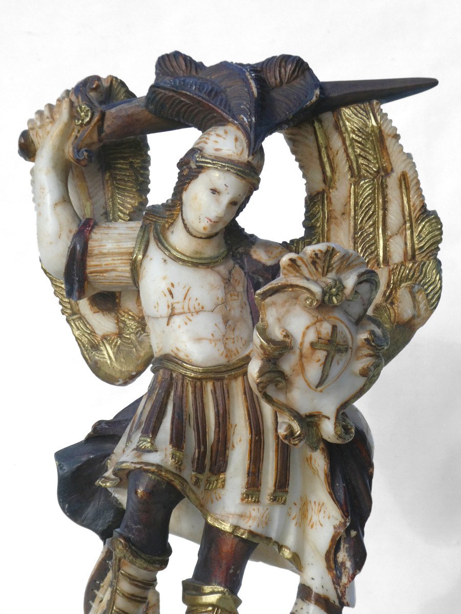 Sculpture En Albatre Polychrome , Saint Michel Terrassant Le Dragon , XVIIe Siecle , Italie-photo-1