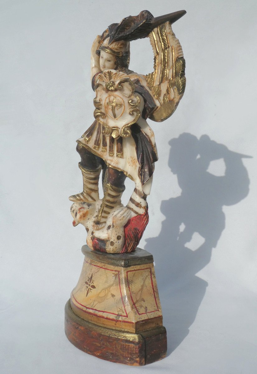 Sculpture En Albatre Polychrome , Saint Michel Terrassant Le Dragon , XVIIe Siecle , Italie-photo-7