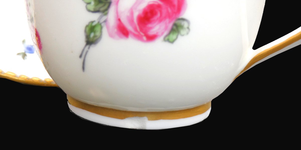 Cup & Saucer In Soft Porcelain From Vincennes / Sevres 18th Century, Flower Decor -photo-1