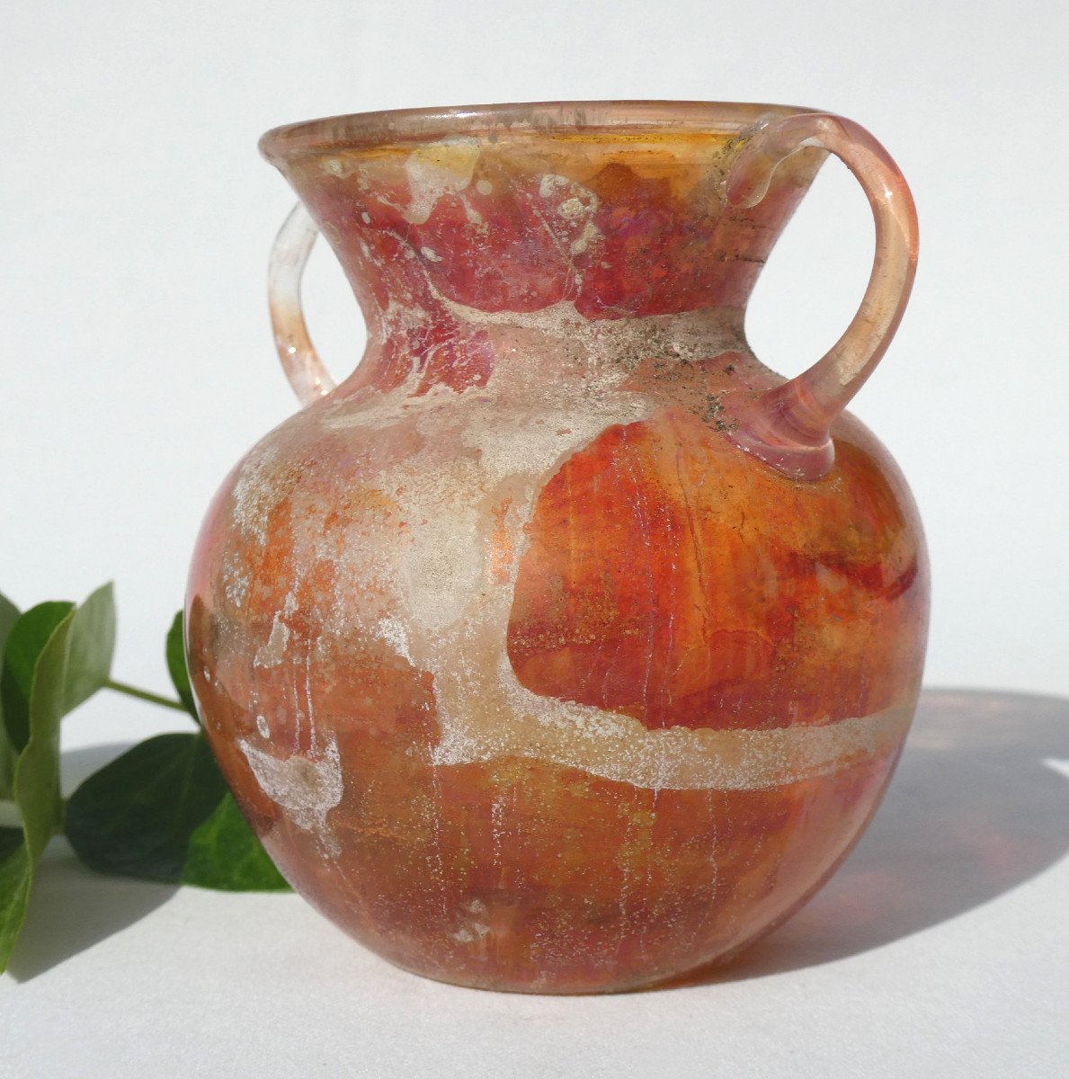 Flask With Two Handles, Globular Body, 2nd Century Ad, Archeology, Iridescent Glass Vase-photo-2