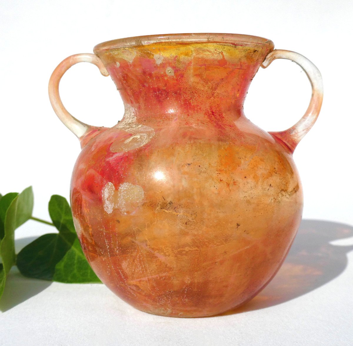 Flask With Two Handles, Globular Body, 2nd Century Ad, Archeology, Iridescent Glass Vase-photo-3