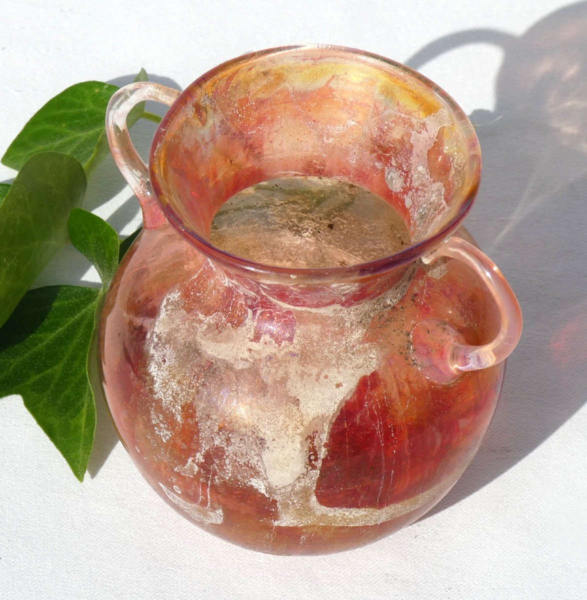 Flask With Two Handles, Globular Body, 2nd Century Ad, Archeology, Iridescent Glass Vase-photo-1