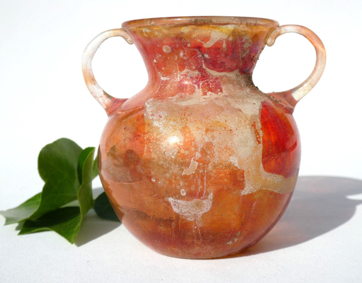 Flask With Two Handles, Globular Body, 2nd Century Ad, Archeology, Iridescent Glass Vase