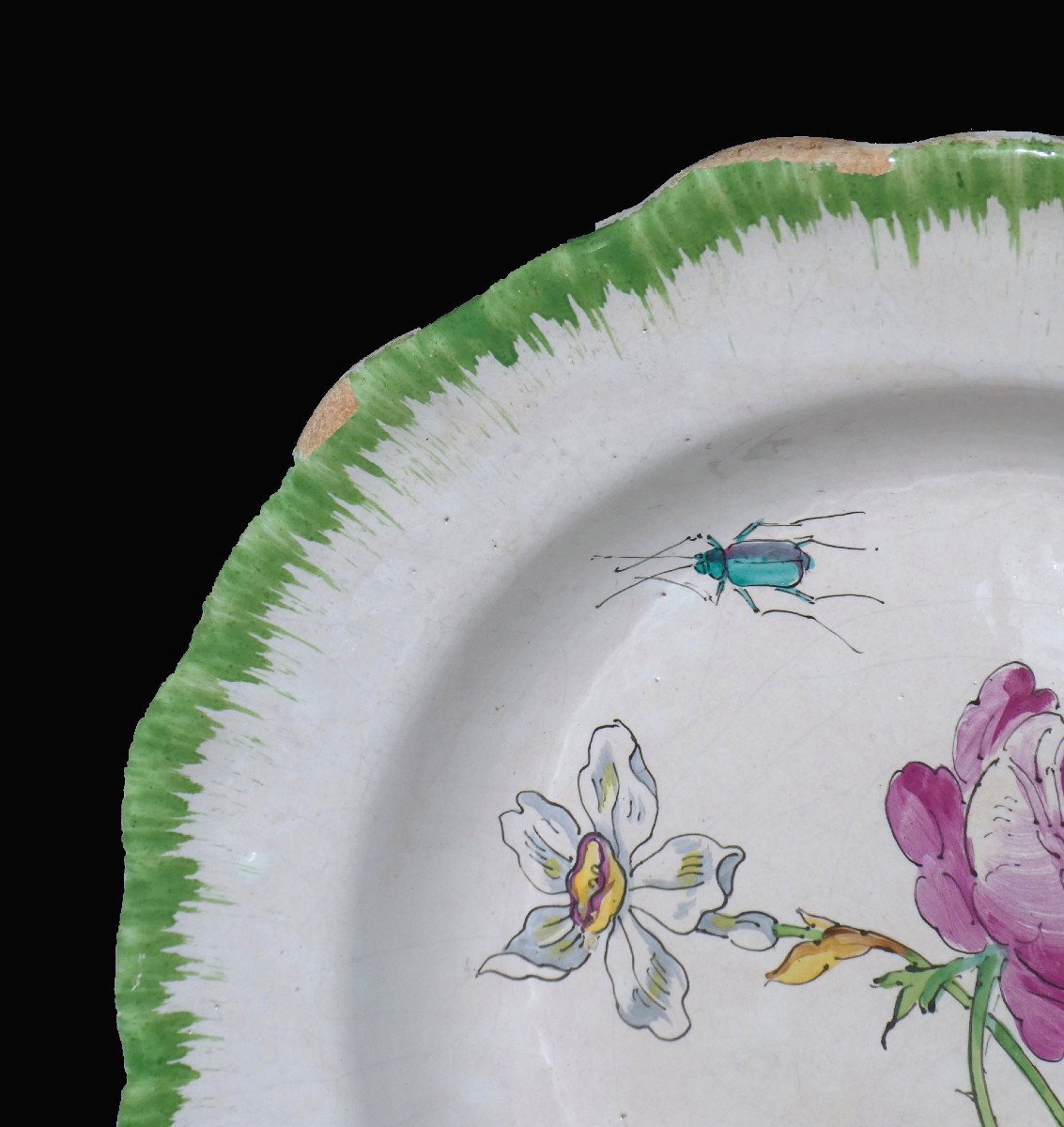 18th Century Earthenware Plate From The Widow Perrin's Workshop In Marseille, Decorated With Flowers & Insects-photo-4
