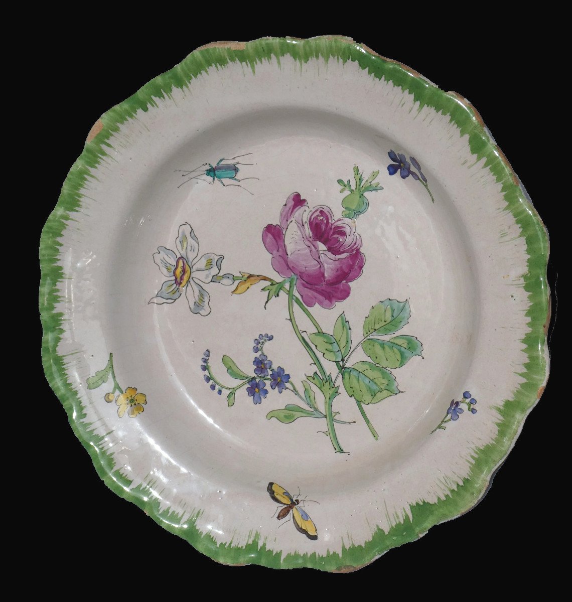 18th Century Earthenware Plate From The Widow Perrin's Workshop In Marseille, Decorated With Flowers & Insects