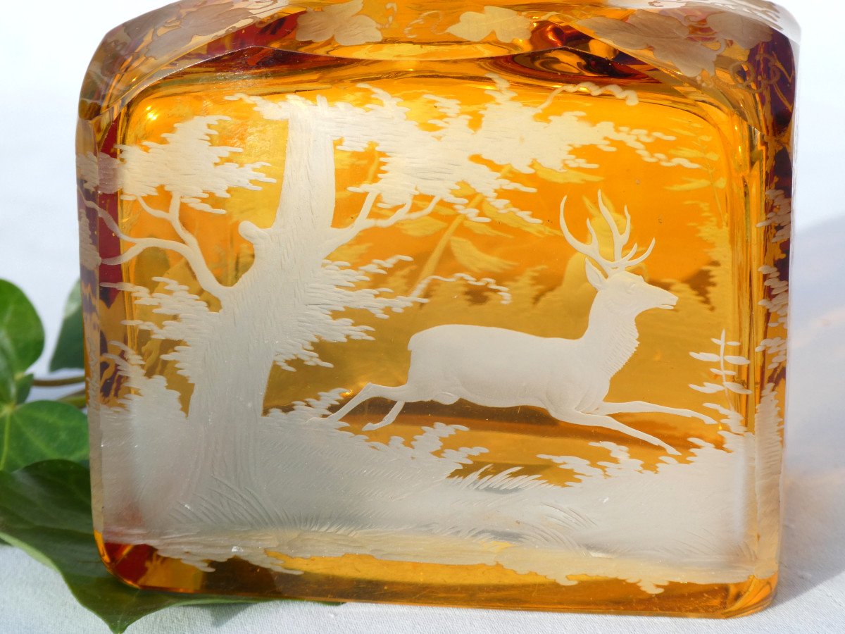 Coffret à Thé / Parfum En Cristal Gravé , Décor De Cerf , Napoléon III , XIXe , Couleur Ambre-photo-2