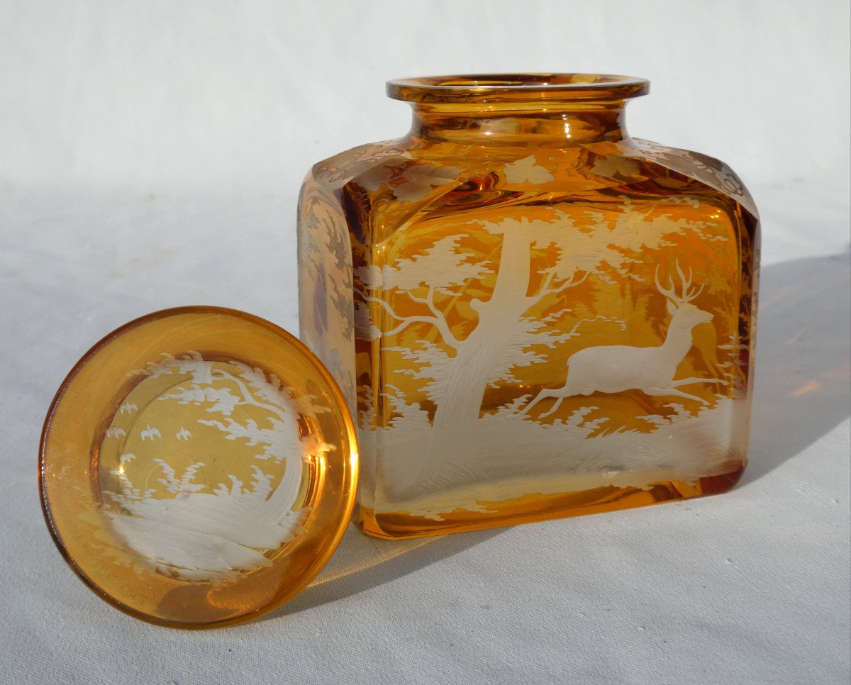 Coffret à Thé / Parfum En Cristal Gravé , Décor De Cerf , Napoléon III , XIXe , Couleur Ambre-photo-3