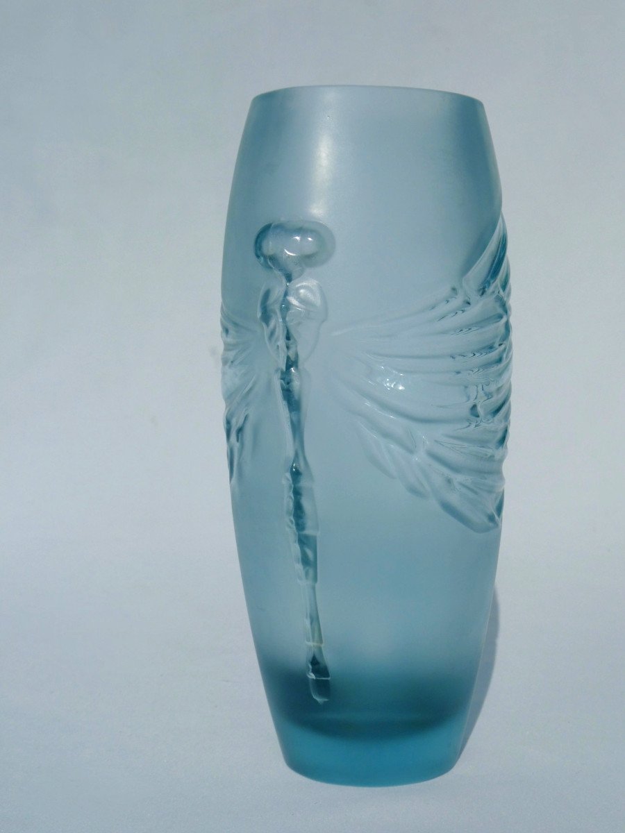 Lalique Vase In Blue Crystal, Dragonfly Decor, Art Deco / Nouveau Style, Perfect Condition-photo-4