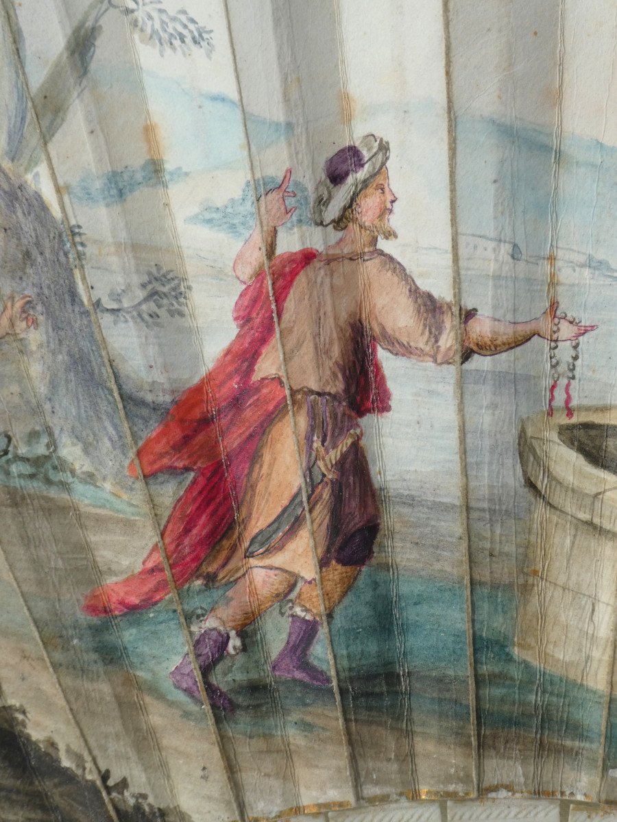 Large Louis XV Period Fan, Painting On Vellum, Rébecca And Eliézer, Ivory Frame-photo-3