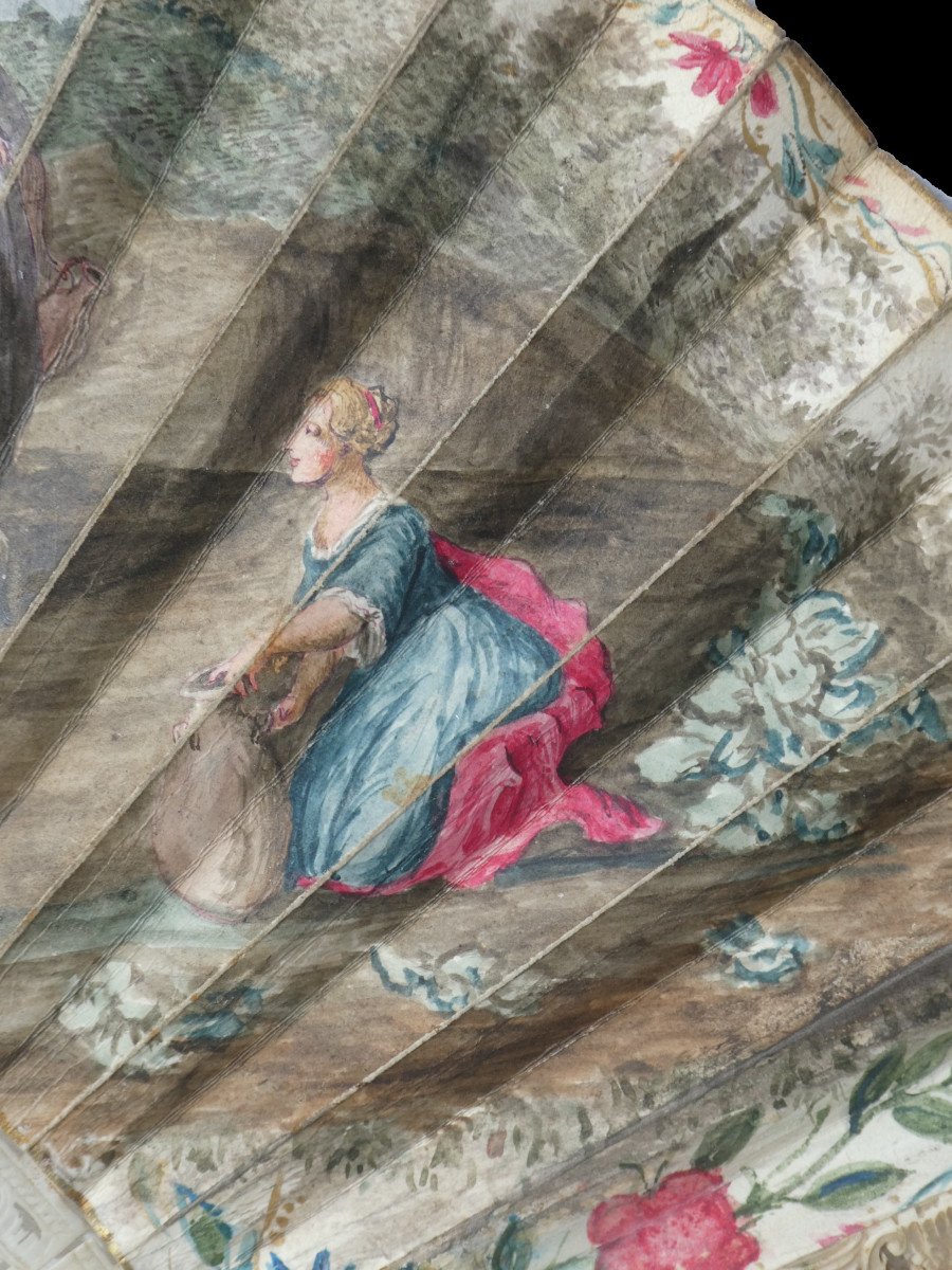 Large Louis XV Period Fan, Painting On Vellum, Rébecca And Eliézer, Ivory Frame-photo-1