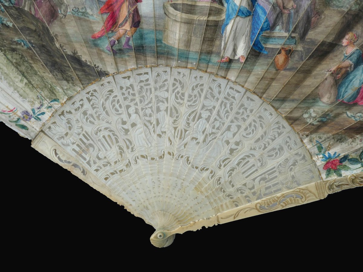 Large Louis XV Period Fan, Painting On Vellum, Rébecca And Eliézer, Ivory Frame-photo-3