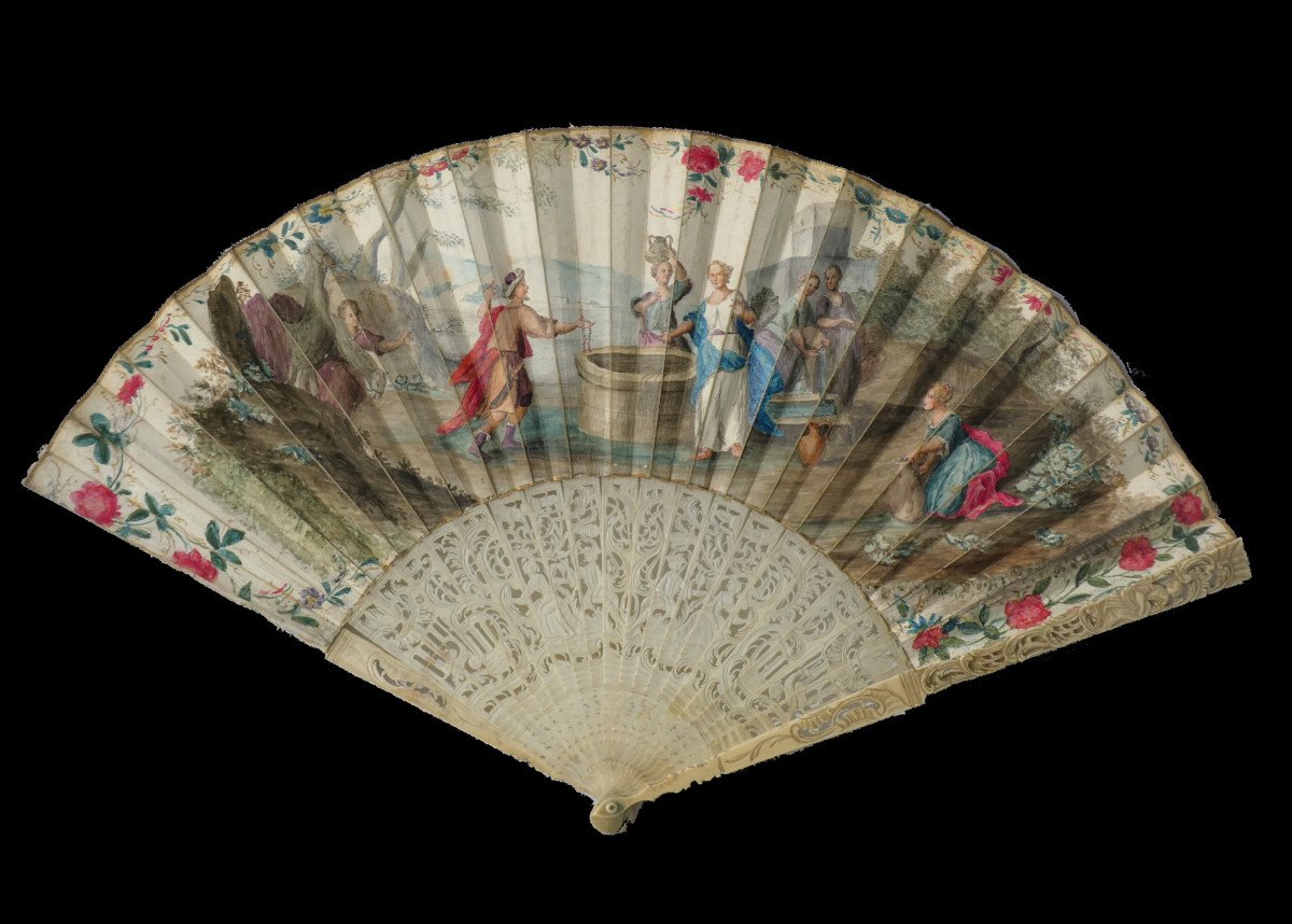 Large Louis XV Period Fan, Painting On Vellum, Rébecca And Eliézer, Ivory Frame