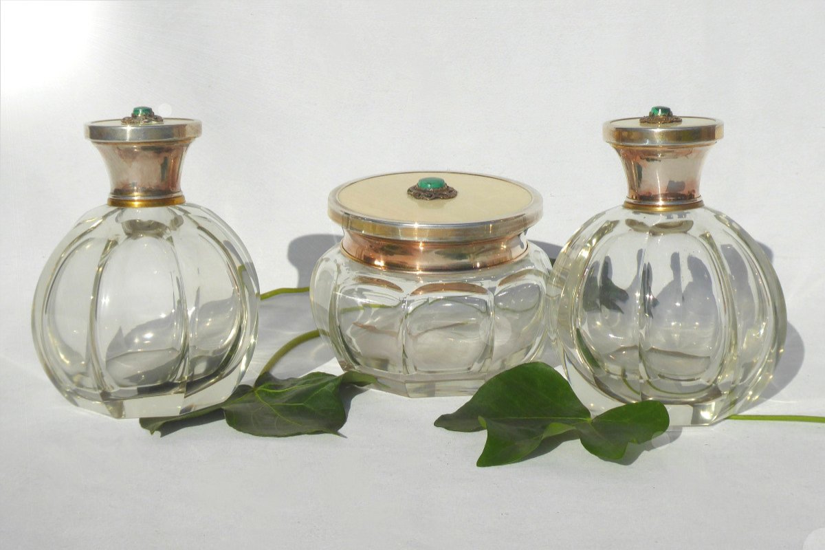 Toiletry Necessary, Perfume Bottles In Sterling Silver, Crystal & Malachite Art Deco 1930-photo-2