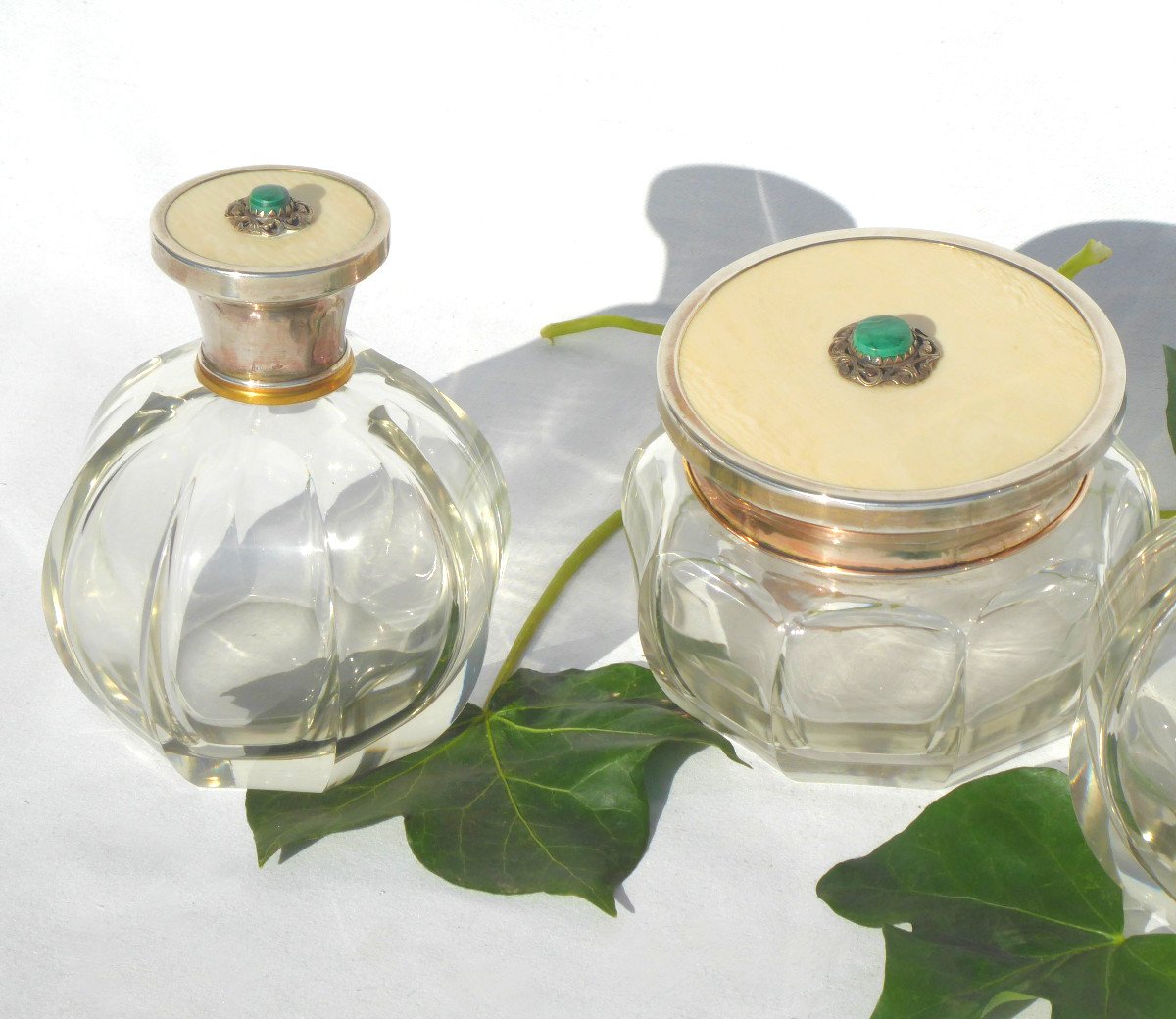 Toiletry Necessary, Perfume Bottles In Sterling Silver, Crystal & Malachite Art Deco 1930-photo-4
